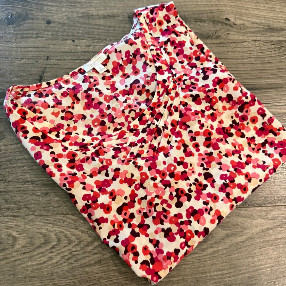 Talbots Petites Sleeveless Blouse Pink Red Floral Dot V-Neck Pleated Top SP